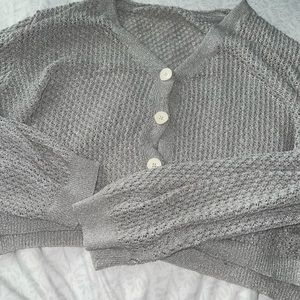 Cropped knitted button up silver sparkly sweater
